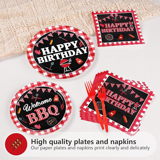 Grencian 200 Pcs BBQ Party Decorations for Birthday Picnic Red and Black Gingham BBQ Baby Shower Plates Supplies Summer Picnic Baby Q Birthday Party Decorations for Summer Barbecue Kids Adults
