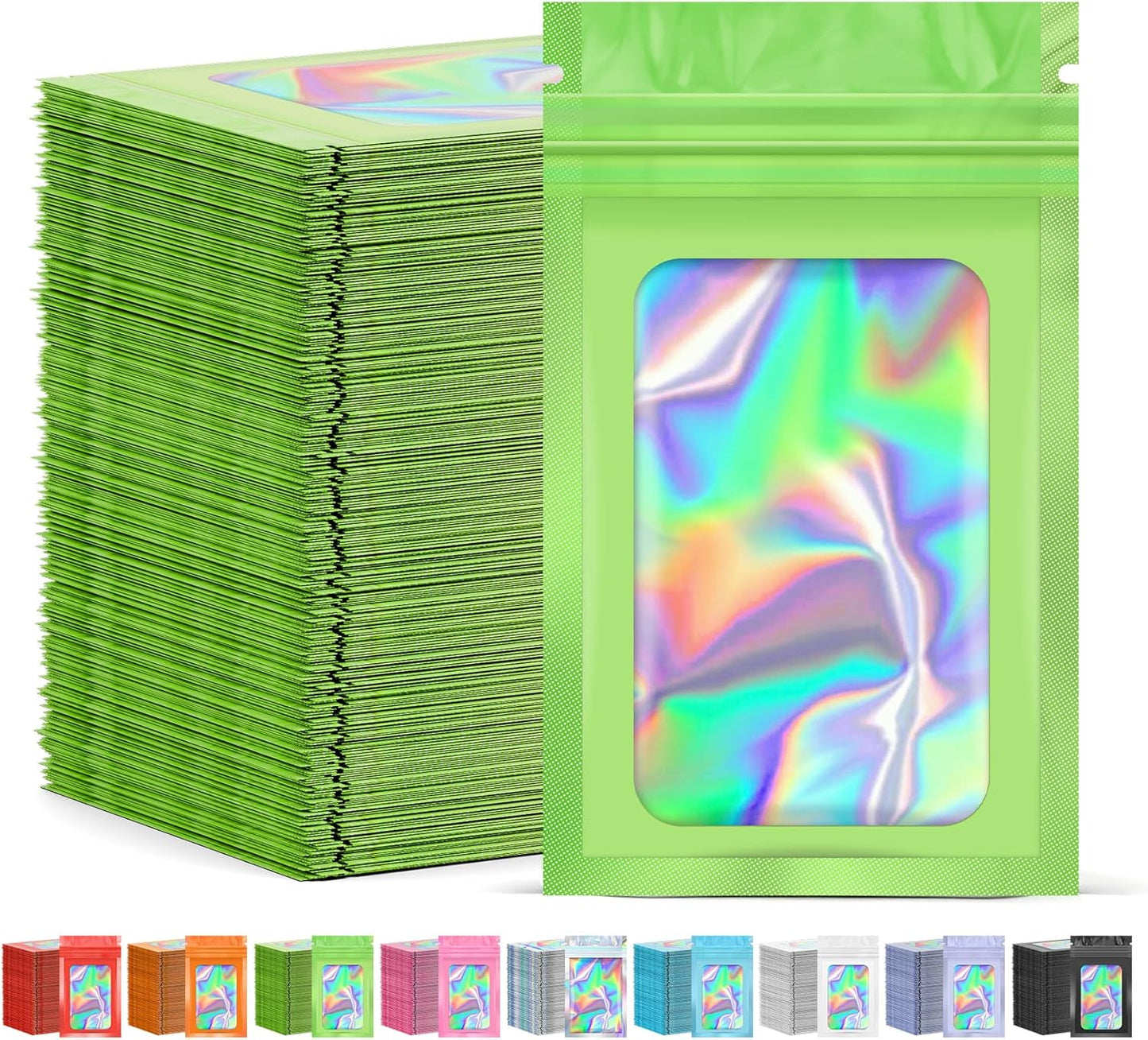 300 Pcs Mylar Bags, Smell Proof Bags Foil Pouch, Holographic Resealable Bags for Small Business, Candy Sample Jewelry Bag Sealable Packaging for Party Favor Food Storage ((2.8x3.9in-Green)