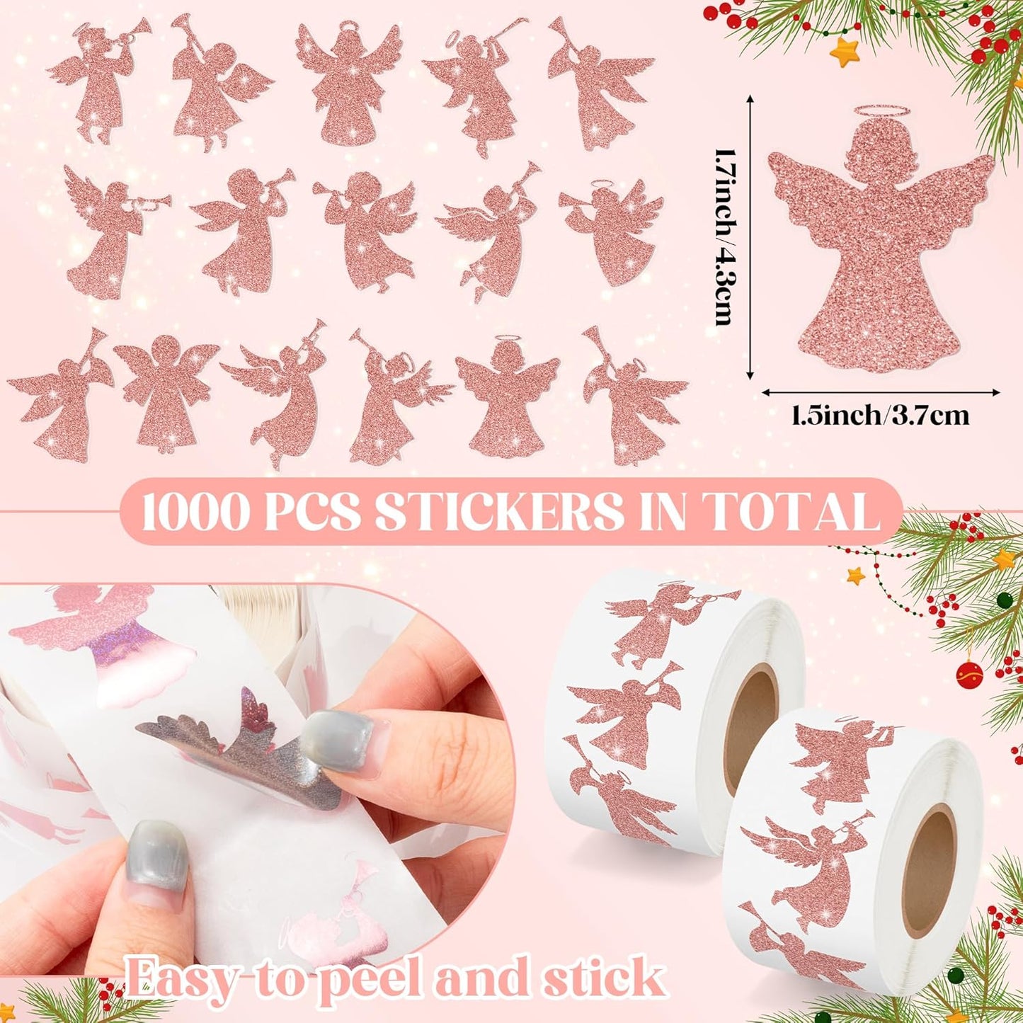 Rose Gold Angel Stickers - 2 Rolls 16 Christmas Foil Angel Designs Waterproof Holiday Decorations for Gift Wrapping, Scrapbook, Kids Crafts, Party Favors, Glass Windows & Laptop Decor
