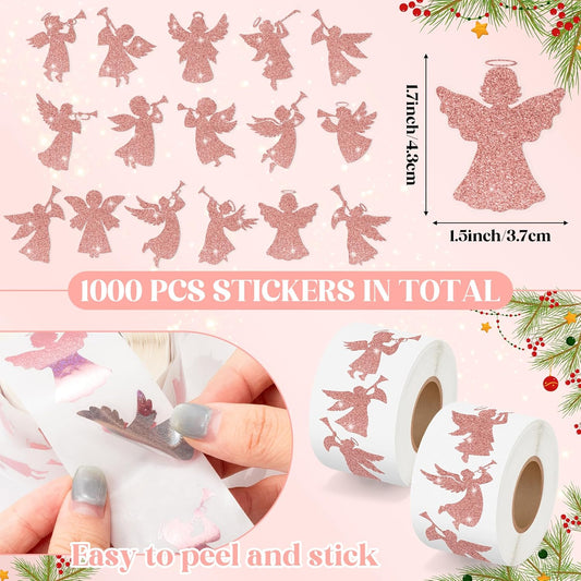 Rose Gold Angel Stickers - 2 Rolls 16 Christmas Foil Angel Designs Waterproof Holiday Decorations for Gift Wrapping, Scrapbook, Kids Crafts, Party Favors, Glass Windows & Laptop Decor