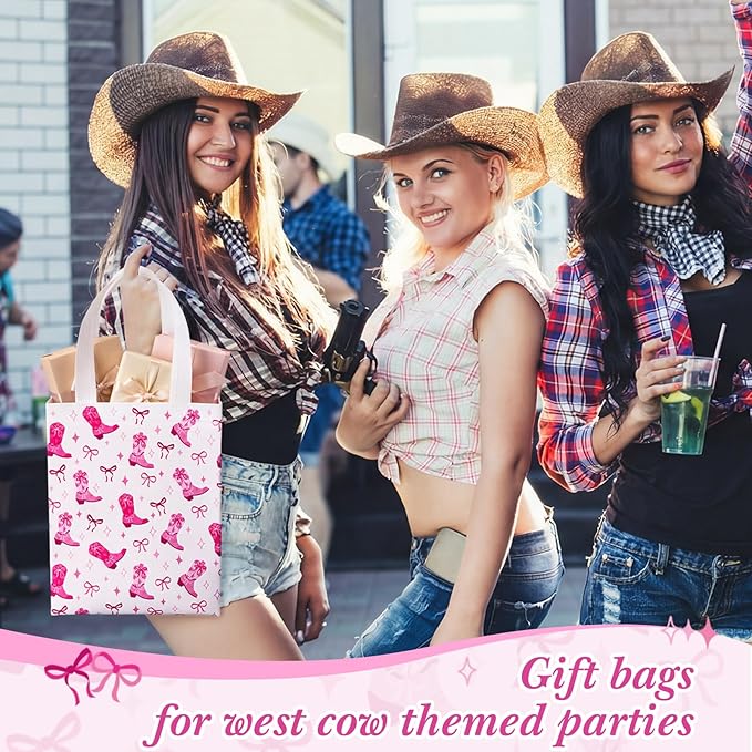 Supervitae 24 Pack Pink Cowgirl Gift Bags Medium Western Cowgirl Theme Party Decoration Supplies Reusable Non Woven Totes for Rodeo Birthday Themed Supplies Favor(9.8" x 7.9" x 3.9")