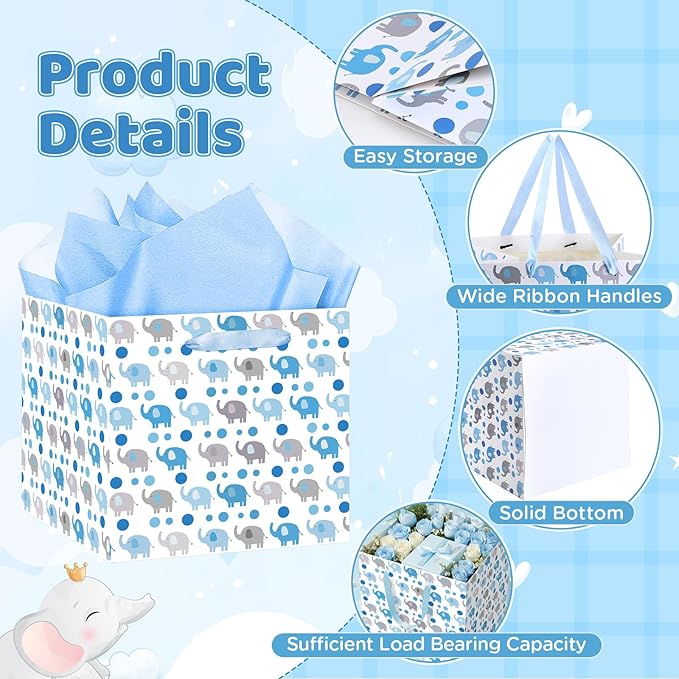 Woosytoo Extra Large Baby Boy Gift Bags - Blue Elephant Square Gift Bag with Wrapping Paper Jumbo Baby Shower Wrapping Paper Bag for Newborn Congratulations Gifts It's a Boy Party Favors Decor