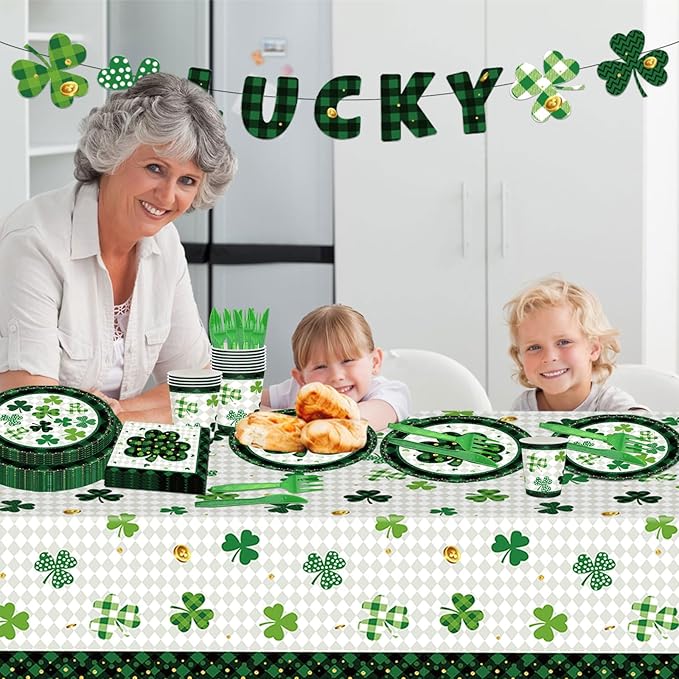 98PCS St Patrick's Day Party Supplies Green Irish Shamrock Tableware Set Lucky Shamrock Birthday Party Supplies St Patrick's Day Party Decorations Irish Shamrock Paper Plates and Napkins for 16 Guests