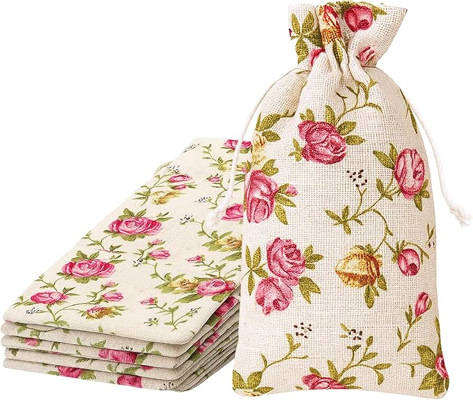 Mandala Crafts 12X18 Inch Rose Burlap Drawstring Gift Bags for Favors - 15 Large Floral Linen Sacks Gift Pouches for Candy, Coffee, Jewelry, Wedding, and Party Supplies