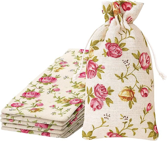 Mandala Crafts 12X18 Inch Rose Burlap Drawstring Gift Bags for Favors - 15 Large Floral Linen Sacks Gift Pouches for Candy, Coffee, Jewelry, Wedding, and Party Supplies