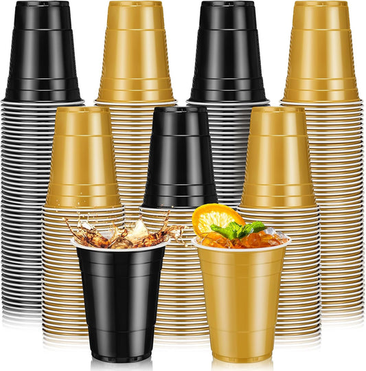 Lounsweer 100 Pack 16 Ounce Christmas Plastic Party Cups Disposable Heavy Duty Drinking Water Cups for Holiday Christmas Festival Wedding New Year Birthday Party Supplies(Black, Gold)