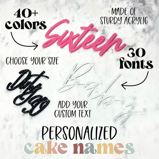 Custom Cake Name Plate | Personalized Acrylic Cake Topper for Birthday Party Shower Wedding with 40+ Color, Font, and Size Options - Made in the USA by Simple & Sentimental