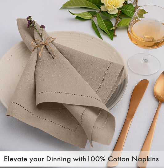 Ruvanti Cloth Napkins - 100% Cotton Dinner Napkins, Hem Stitched Corners, 18x18 Inch, 12 Pack - Soft, Absorbent, Durable, Reusable, Wrinkle Resistant for Formal Dining & Everyday Use - Light Taupe