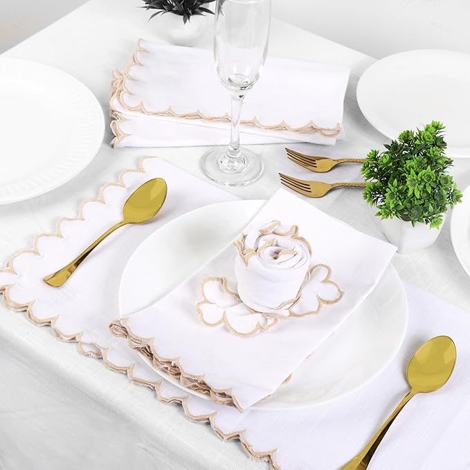FINGERCRAFT Cloth Napkins, Everyday Use Scallop Design, Premium Quality Natural Cotton Napkin Set of 6 Perfect for Parties Dinners Weddings Easter Napkin Cloth 20x20 inch White/Beige