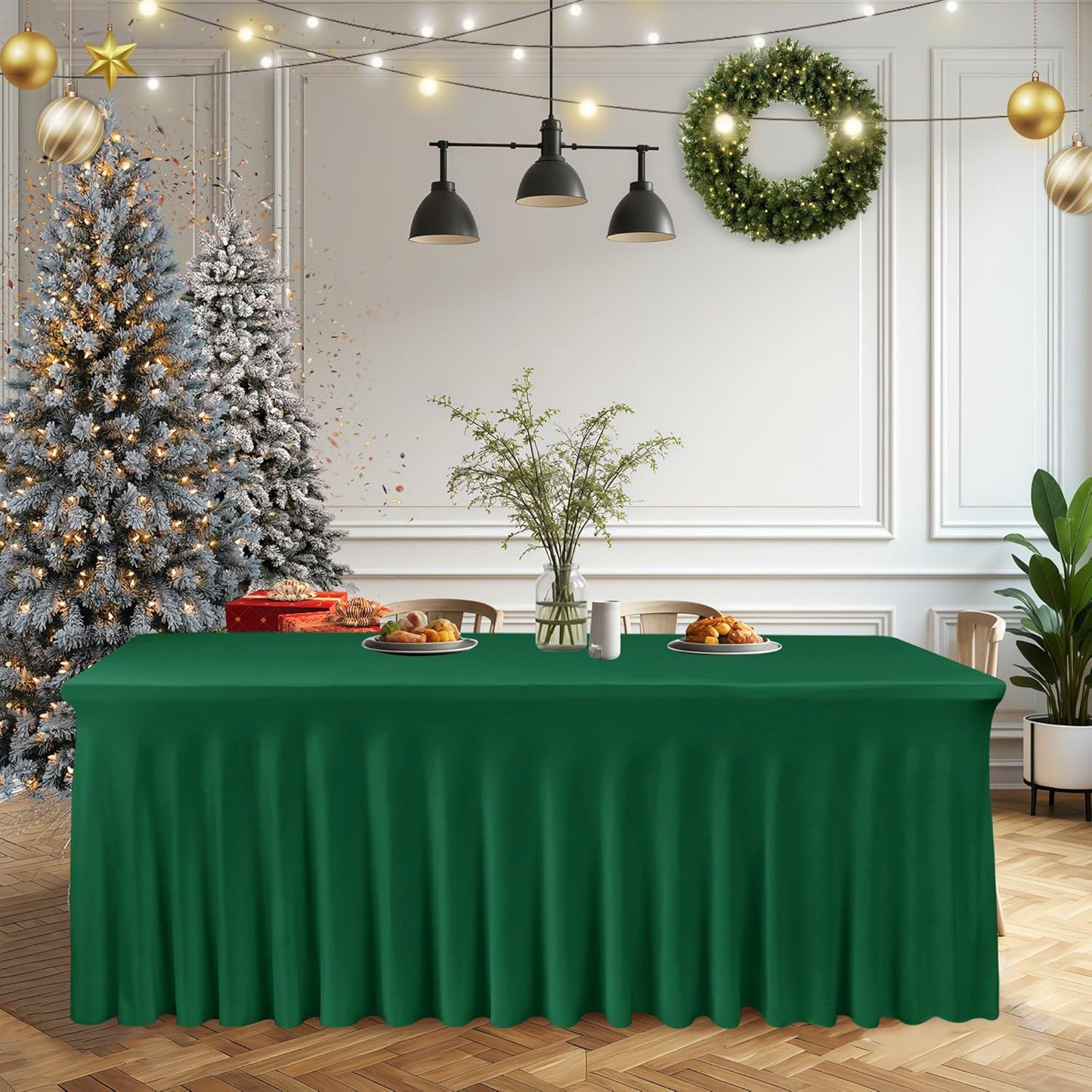 HolidayIdeas 2 Pack Hunter Green Spandex Table Skirt for 6ft Rectangle Desk, 72 Inch Fitted Cover for Christmas Dinner Buffet