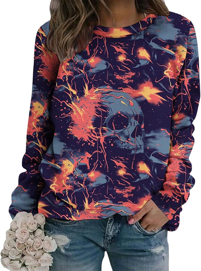 LIZALIG Pullover Cute Sweatshirt Orange Skeleton Fall Festive FunWomens Design Bat Holiday Party Outings Pumpkin Print