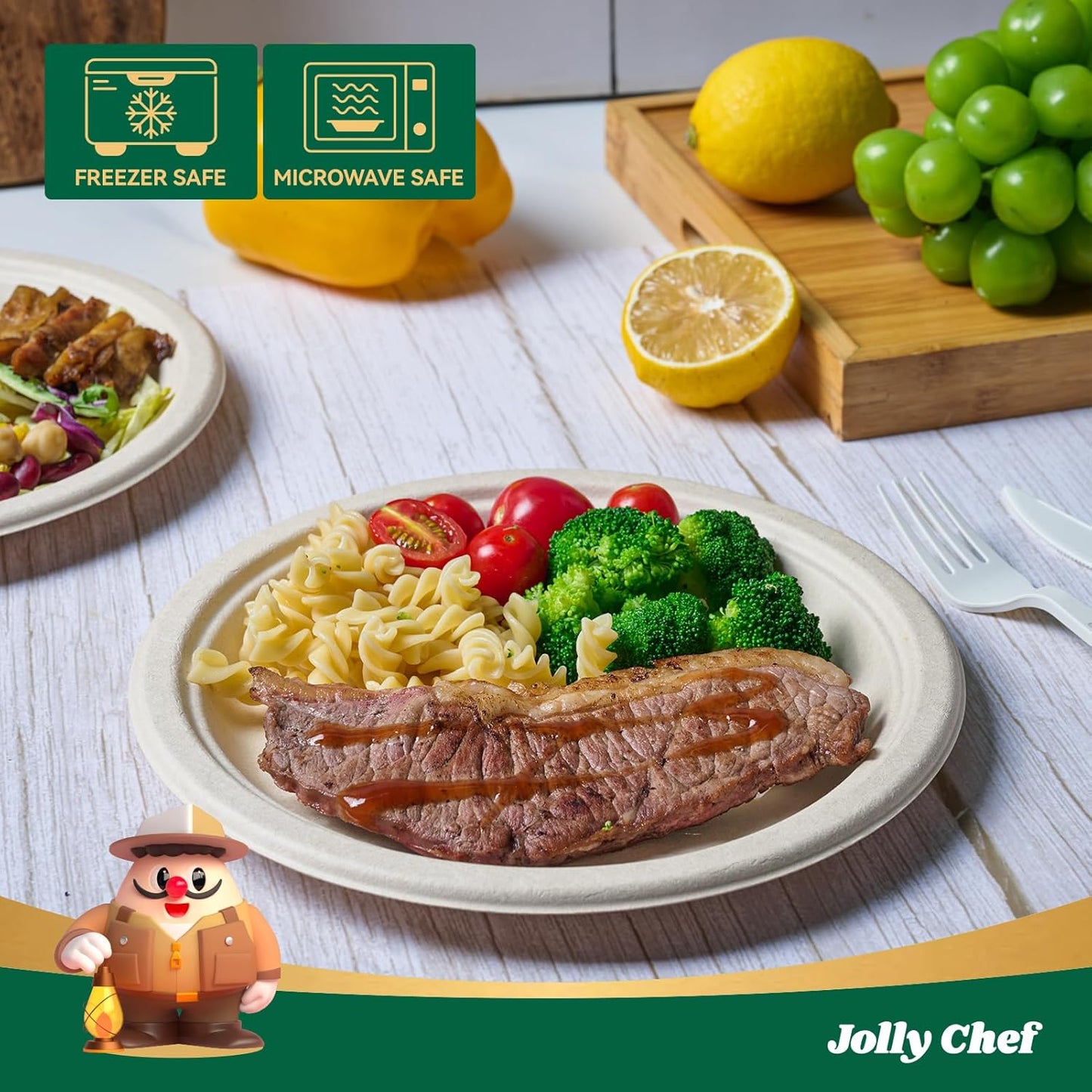 JOLLY CHEF 100% Compostable Paper Plates, 150 Pack 10 Inch Heavy Duty Plates, Disposable Biodegradable Eco-Friendly Sugarcane, Bulk Nature