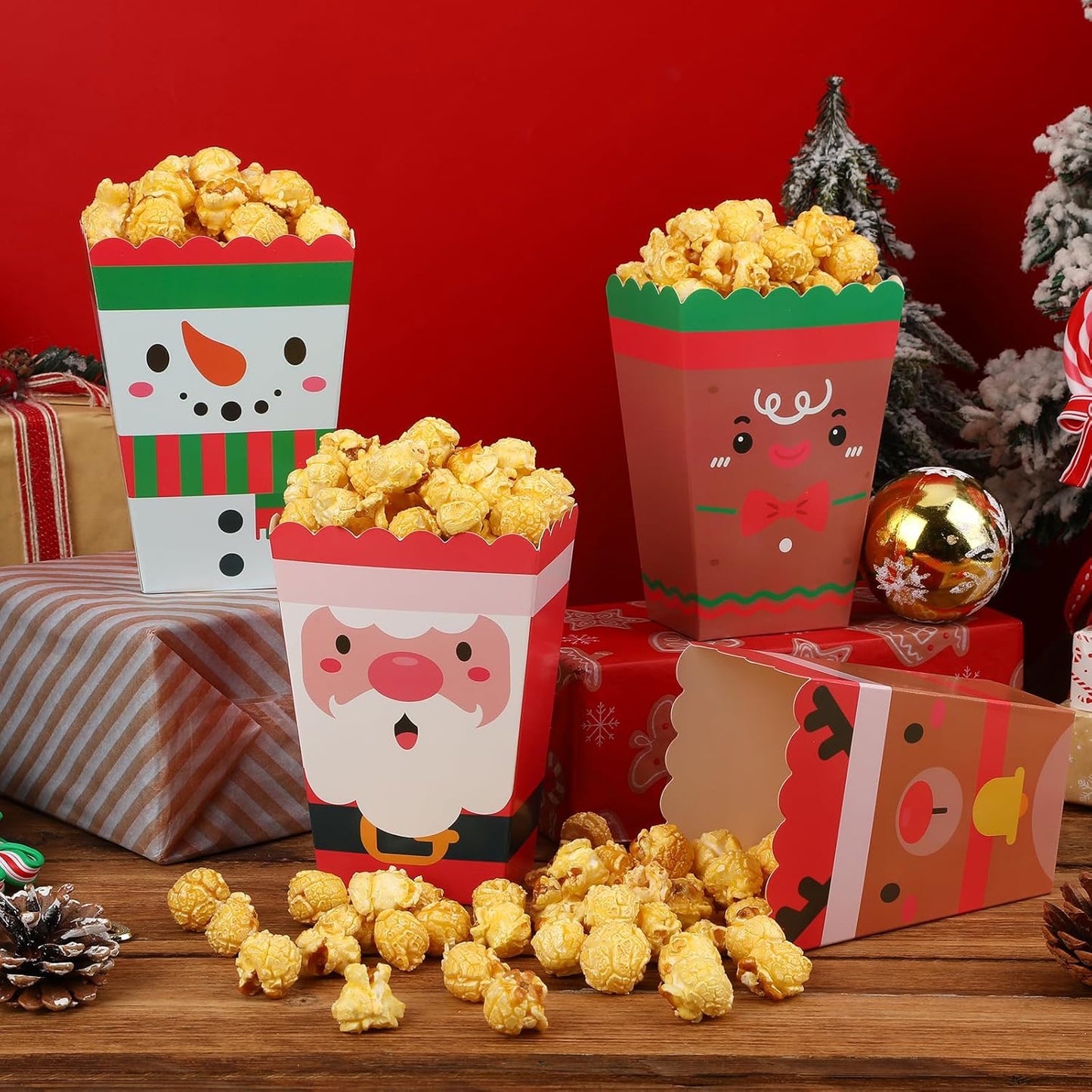 DECYOOL 24 Pcs Christmas Popcorn Boxes, Mini Christmas Popcorn Boxes Snowman Reindeer Santa Or Treating Candy Cookie Treat Box for Christmas Theme Birthday Party (4 Styles)