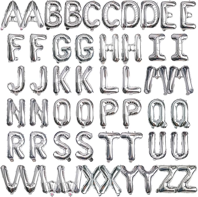 [52 PCS] 16" Foil Silver Letter Balloons 2 Sets of A-Z, Mylar Aluminum Hanging Alphabet for Graduation New Year eve Birthday Party Decorations