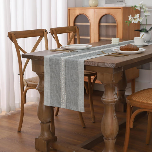 Gernaice Boho Table Runner, Rustic Cotton Linen Farmhouse Table Runners for Holiday Wedding Dining Living Room Bedroom Home Decor, 90" L X 13" W Grey