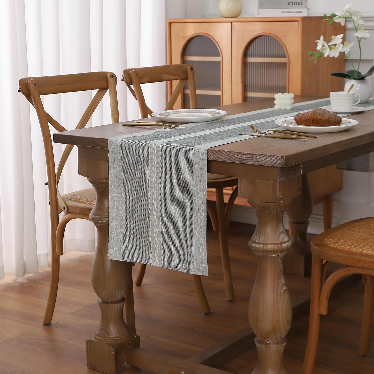 Gernaice Boho Table Runner, Rustic Cotton Linen Farmhouse Table Runners for Holiday Wedding Dining Living Room Bedroom Home Decor, 108" L X 13" W Grey