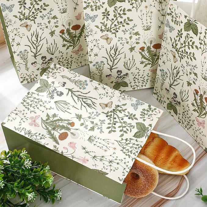 24Pcs Vintage Wildflowers Paper Gift Bags Green Wild Floral Party Favor Bags with Handles Decorative Goodie Candy Treat Bags for Spring Party Supplies