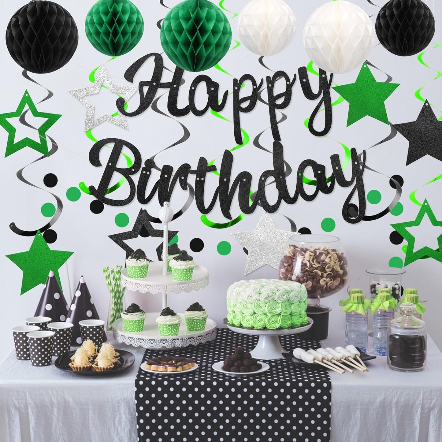 Birthday Decorations, NO DIY, Pre-Strung Happy Birthday Banner with Honeycomb Ball, Hanging Swirl, Circle Dots Garland, Happy Birthday Party Decorations for Women Men Boys Girls (Green & Black)