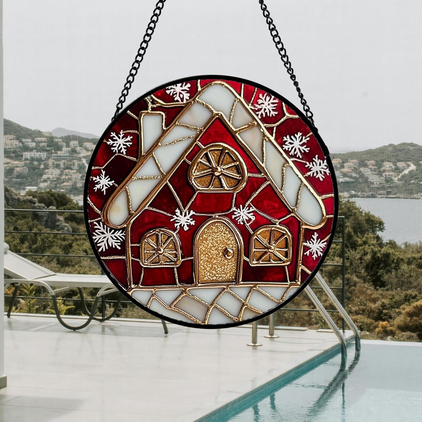 Stained Glass Window Hanging 4 Pcs Set Red Christmas Themed Decorations Large 11.8" - Suncatcher Door Garden Sun Catcher Decor Birthday New Year for Mom Woman Nana Men