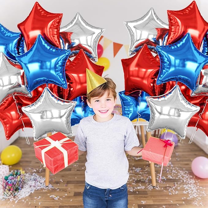 Red Blue Silver Star Foil Balloons, 10PCS Foil Stars Shape Balloon, 18 Inch Red and Black Stars Balloons for Helium Pentagram Balloon for Kids Boys Birthday, Anniversary, 4th of July Party Decoration