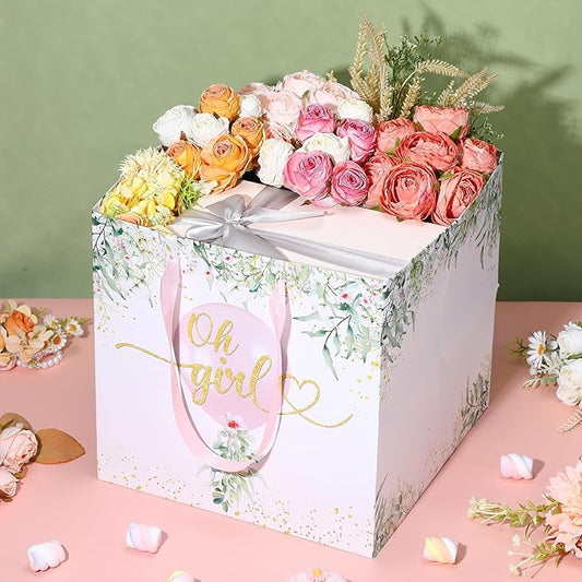 Woosytoo Extra Large Baby Girl Gift Bag Greenery Baby Shower Square Gift Bags with Tissue Paper Oh Girl Watercolor Pink Balloon Wrapping Paper Bag for Girls Baby Shower Gender Reveal Party Favors