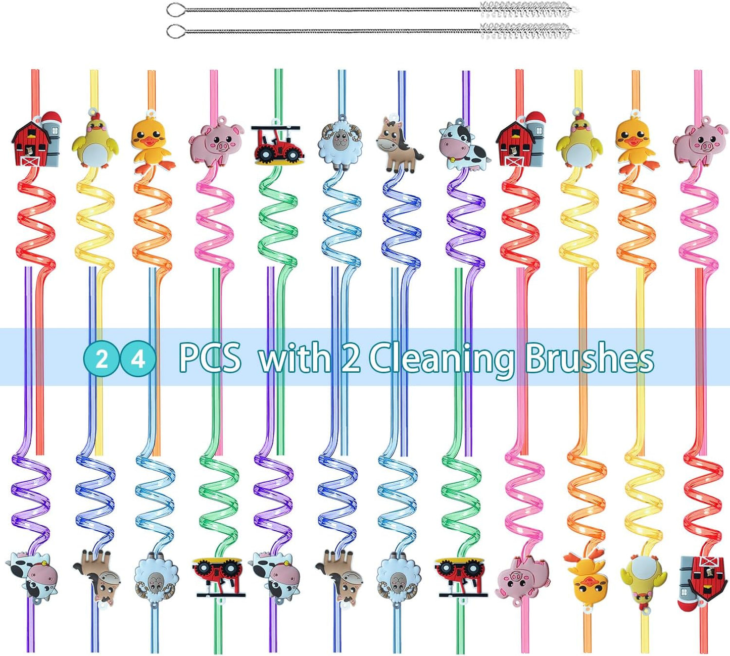 Reusable Farm Animal Straws Birthday Party favors, 24 PCS Plastic Farm Animals Swirly Drinking Straws for Kids Barnyard Party Supplies Decorations with Clean Brushes