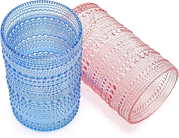 ZOOFOX Set of 6 Vintage Drinking Glasses, 12 Oz Colored Hobnail Glasses Tumbler, Embossed Design Glass Tumblers Set for Water, Beverages, Juice, Beer, Cocktail, Whiskey, Milk
