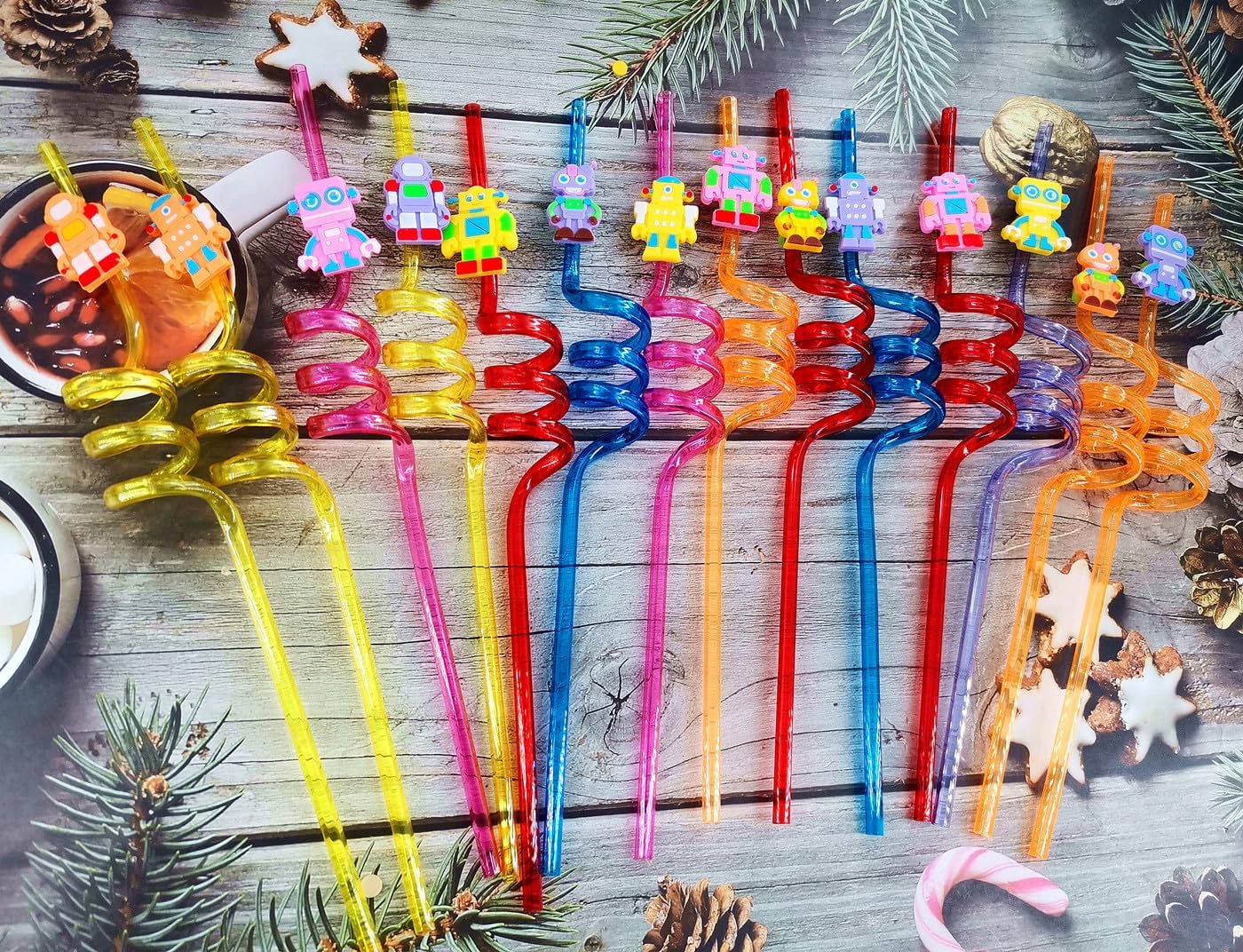 24 Packs Robot Bulk Reusable Plastic Straws Birthday Party Favors, Theme Curly Drinking Straws Party Supplies