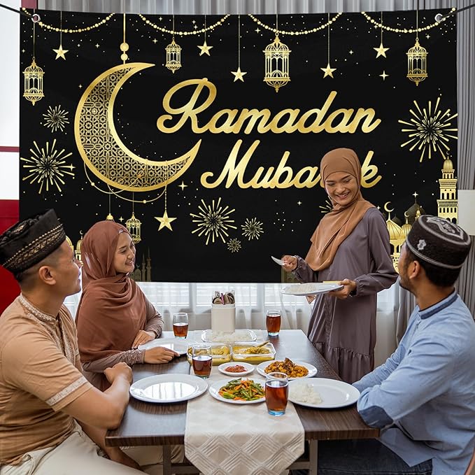 Large Ramadan Banner Decorations Outdoor 72x44 Inch,Eid Ramadan Mubarak Kareem Ramadan Photography Banner for Muslim Indoor Home House Decor Party Supplies,Yard Sign Photography Background Black Gold