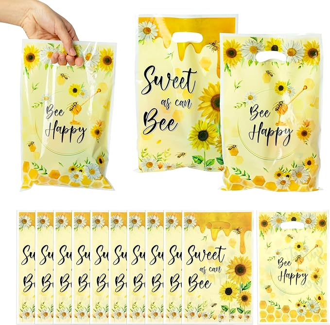 3sscha 50Pcs Bee Party Favor Bags Sweet As Can Bee Plastic Waterproof Goodie Bag Sunflower Yellow Rectangular Gift Pack for Kids Birthday Baby Shower Decoration Party Favor Supplies