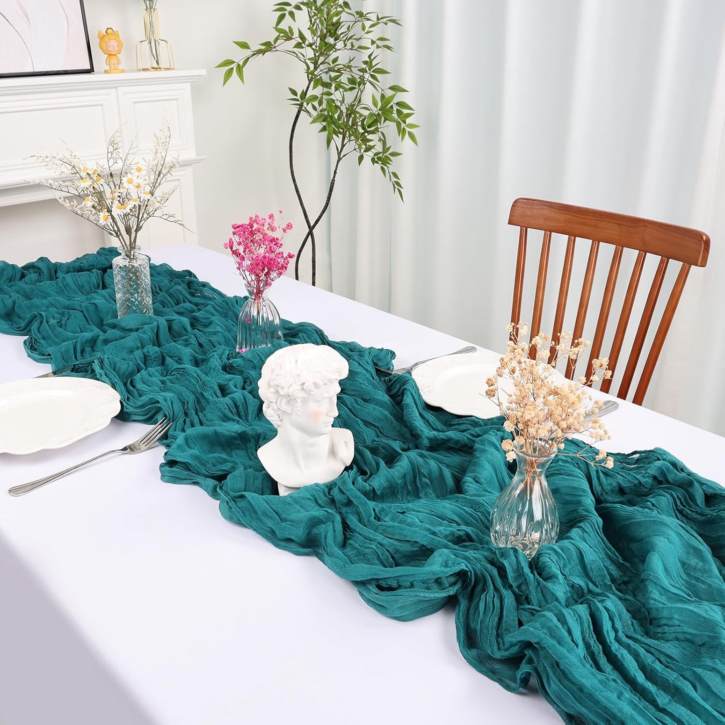 12 Pack 10FT Teal Cheesecloth Table Runner 35x120 Inch Gauze Rustic Boho Table Runner Cheese Cloth for Wedding Decor Birthday Party Bridal Baby Shower Table Centerpiece Decoration