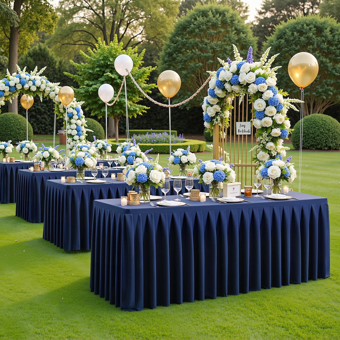 HB HBB MAGIC 4 Pack Navy Blue Tablecloths for 6 Foot Rectangle Tables, Elegant Pleated Table Skirt – Wrinkle Free Stretch Fitted Table Cover for Weddings, Banquets, Birthday Parties & Events