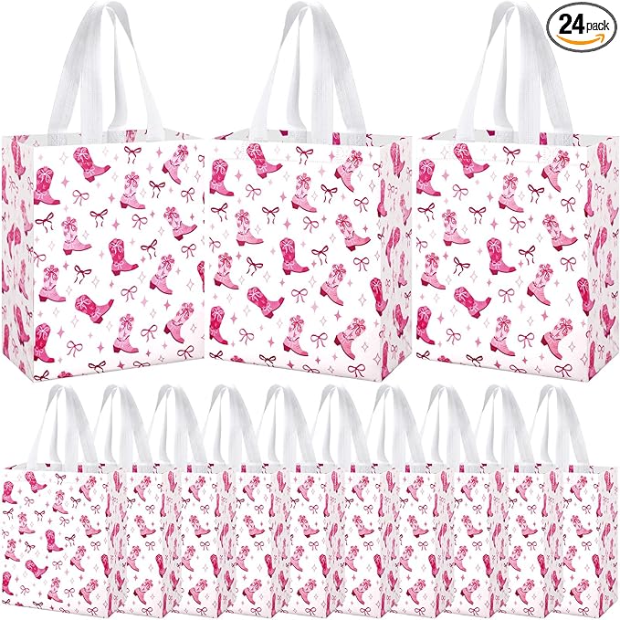 Supervitae 24 Pack Pink Cowgirl Gift Bags Medium Western Cowgirl Theme Party Decoration Supplies Reusable Non Woven Totes for Rodeo Birthday Themed Supplies Favor(9.8" x 7.9" x 3.9")