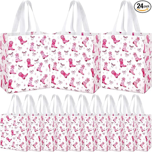 Supervitae 24 Pack Pink Cowgirl Gift Bags Medium Western Cowgirl Theme Party Decoration Supplies Reusable Non Woven Totes for Rodeo Birthday Themed Supplies Favor(9.8" x 7.9" x 3.9")