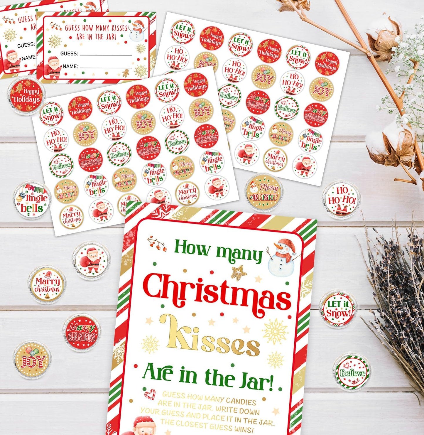Guess How Many Christmas Kisses Game, How Many Kisses Standing Sign 50 Guessing Cards 180 Christmas Kisses Stickers, Christmas Games for Adults, How Many Kisses Christmas Game Set for Christmas