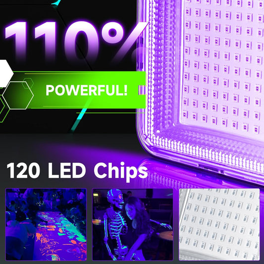 2 Pack 5000mAh Battery Powered Led Black Light, IP66 Waterproof, 120 LED for Halloween Party, Glow in The Dark, Fluorescent Poster, Stage Lighting, Aquarium, Body Paint, Neon Glow