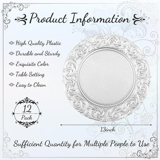 Uiifan 12 Pcs Antique Charger Plates Bulk 13'' Plastic Plate Chargers Decorative Embossed Rim Round Plates for Wedding Party Event Dinner Kitchen Table Setting Decoration (Silver)