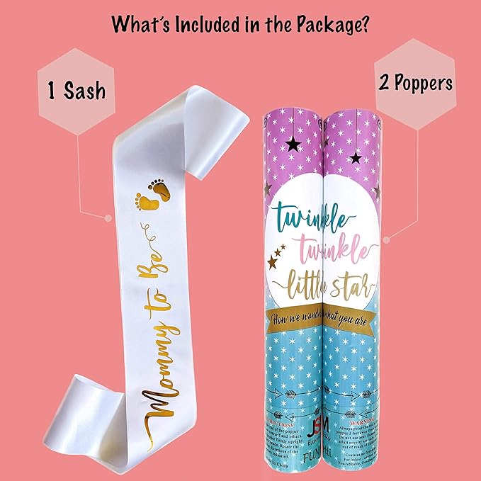 Gender Reveal Cannon Pink Confetti Confetti Poppers | Mommy to Be Sash in Satin White with Gold Letters | Themed Party: Twinkle Twinkle Little Star (Pink, Set of 2)