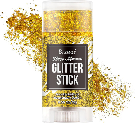 Brzeaf Waterproof Gold Glitter Stick, Face Glitter Makeup, Shimmery & Long Lasting, Chunky Glitter for Face/Body/Hair/Eyes/Lip, Singer Concert Music Halloween Christmas Rave Festival