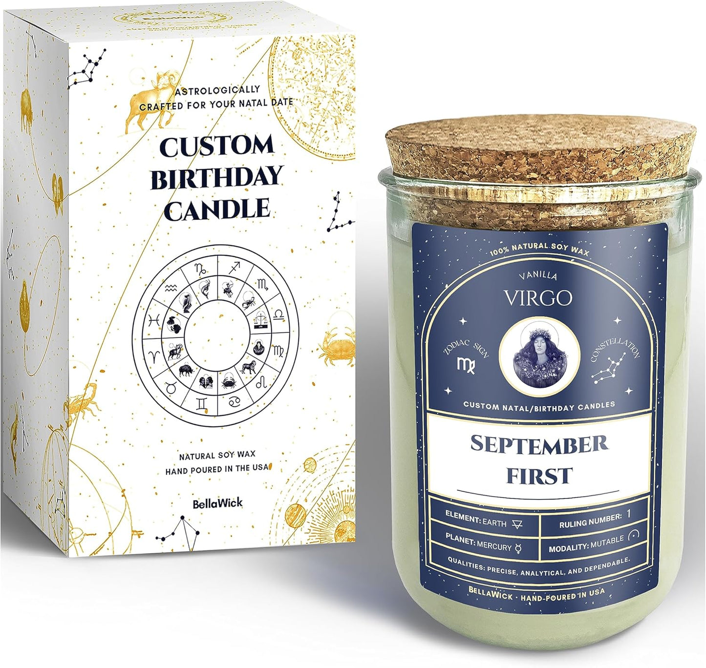 Birthday Candles - Custom Birthdate Astrological Zodiac Scented Candles. Astrology Gifts. All Natural Soy Wax. 75+ Hour Burn Time. Made in USA - September 1