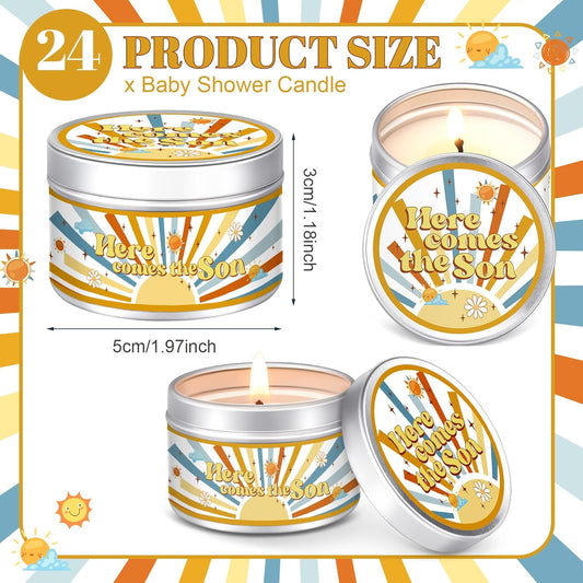 MTLEE 24 Pcs Here Comes The Son Baby Shower Party Favors Candles Lavender Scented Baby Shower Favors for Guests Rustic Tealights Candles Gender Reveal Return Gifts Girl Boy(1.2 Oz, Yellow)