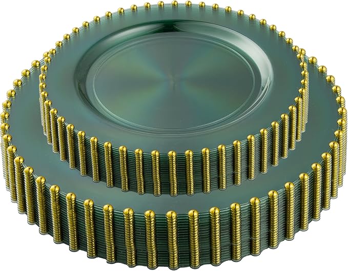 PLASTICPRO 64 Piece Combo Plastic Dinner Plates Disposable Plastic Fancy Heavy Duty Party Dishes 7 inch and 10 inch, Translucent Green and Gold Beaded