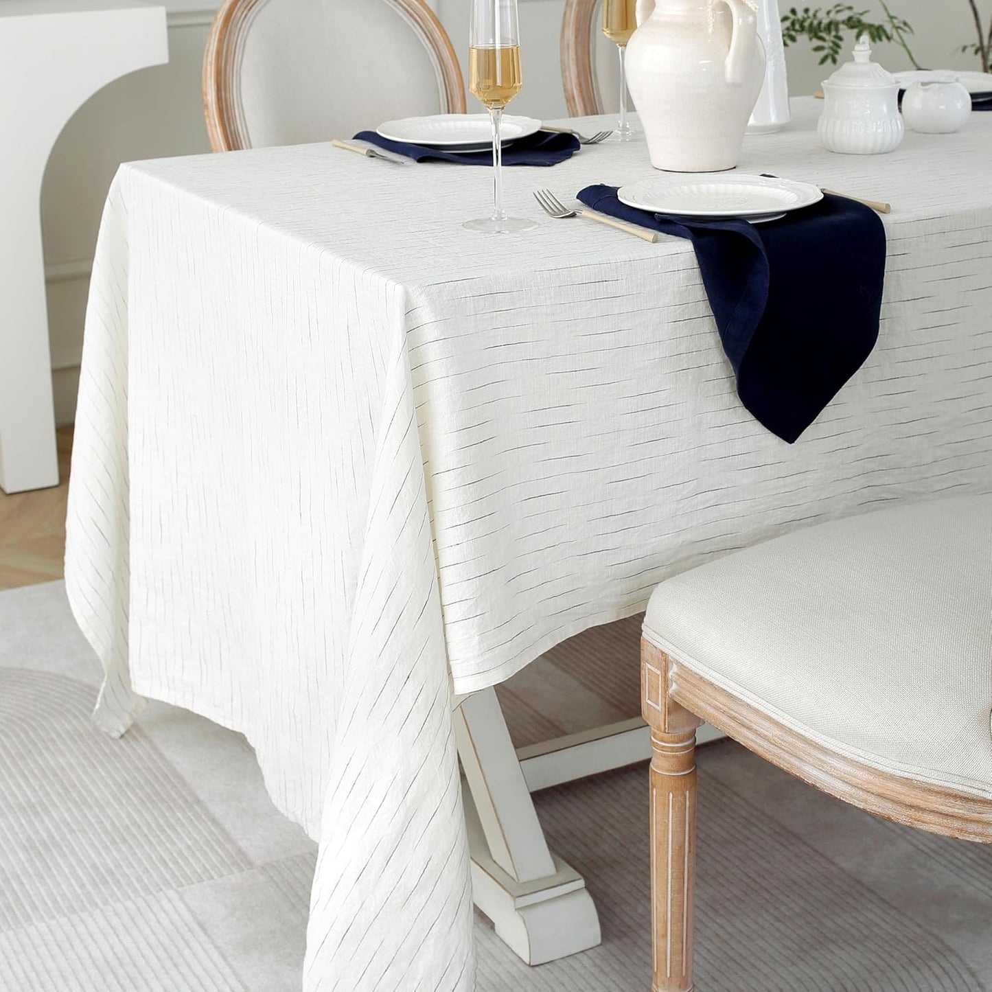 Linen World Stripe Linen Tablecloth,100% French Navy Pinstripe Table Cloth 108" x 60" Inch,Washable Rectangular Tablecloth for Dining,Outdoor,Weddings and Restaurants,Decorative Easter