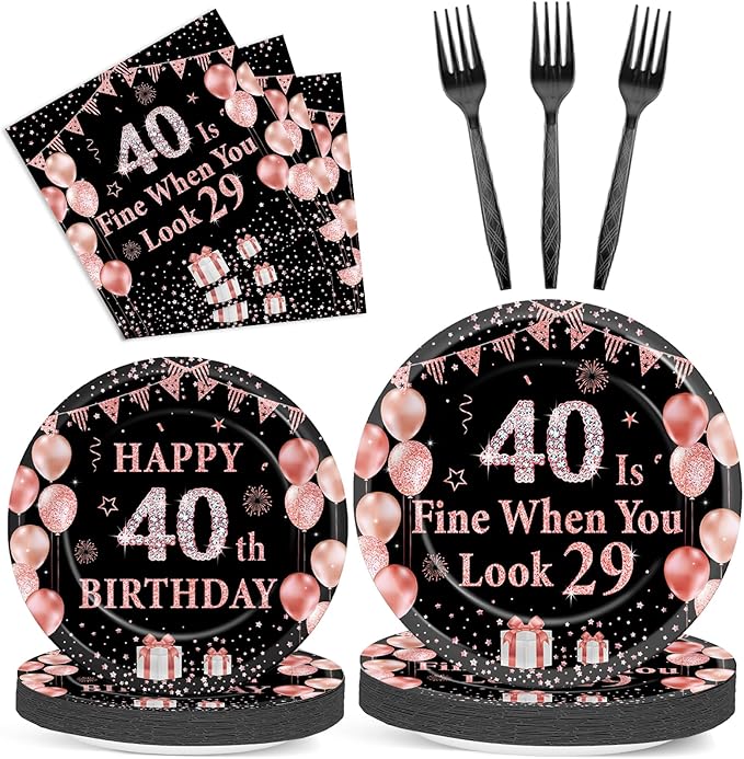 96PCS 40th Birthday Paper Plates and Napkins for 40 Is Fine When You Look 29 Themed Party Supplies Black Rose Gold Dinnerware Set for Women Cheers to Forty Birthday Gatherings Decorations