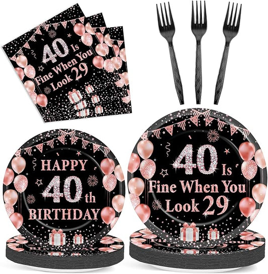 96PCS 40th Birthday Paper Plates and Napkins for 40 Is Fine When You Look 29 Themed Party Supplies Black Rose Gold Dinnerware Set for Women Cheers to Forty Birthday Gatherings Decorations