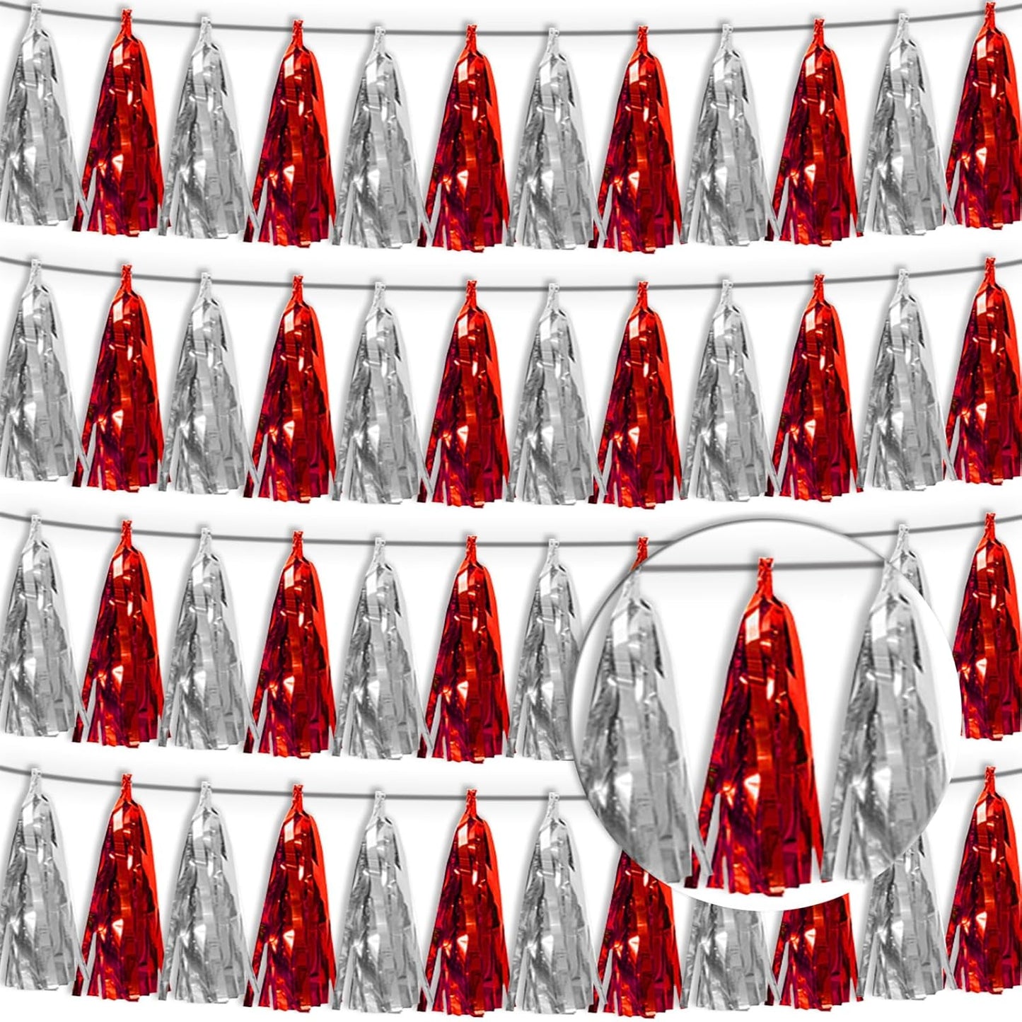 4P Red Silver Tassel Banner Garland Metallic Foil Fringe Banner Tinsel Tassels Streamer Banner Backdrop for Parade Floats, 2025 Graduation Decorations, Father's Day, Wedding Party Decoration