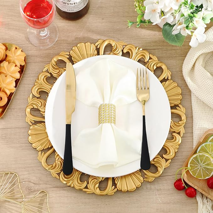 12 Pcs Vintage Gold Charger Plates Bulk 13 Inch Embossed Rim Plastic Round Decorative Plates Charger for Dinner Wedding Party Event Table Setting Decoration (Hollowed out Shell)
