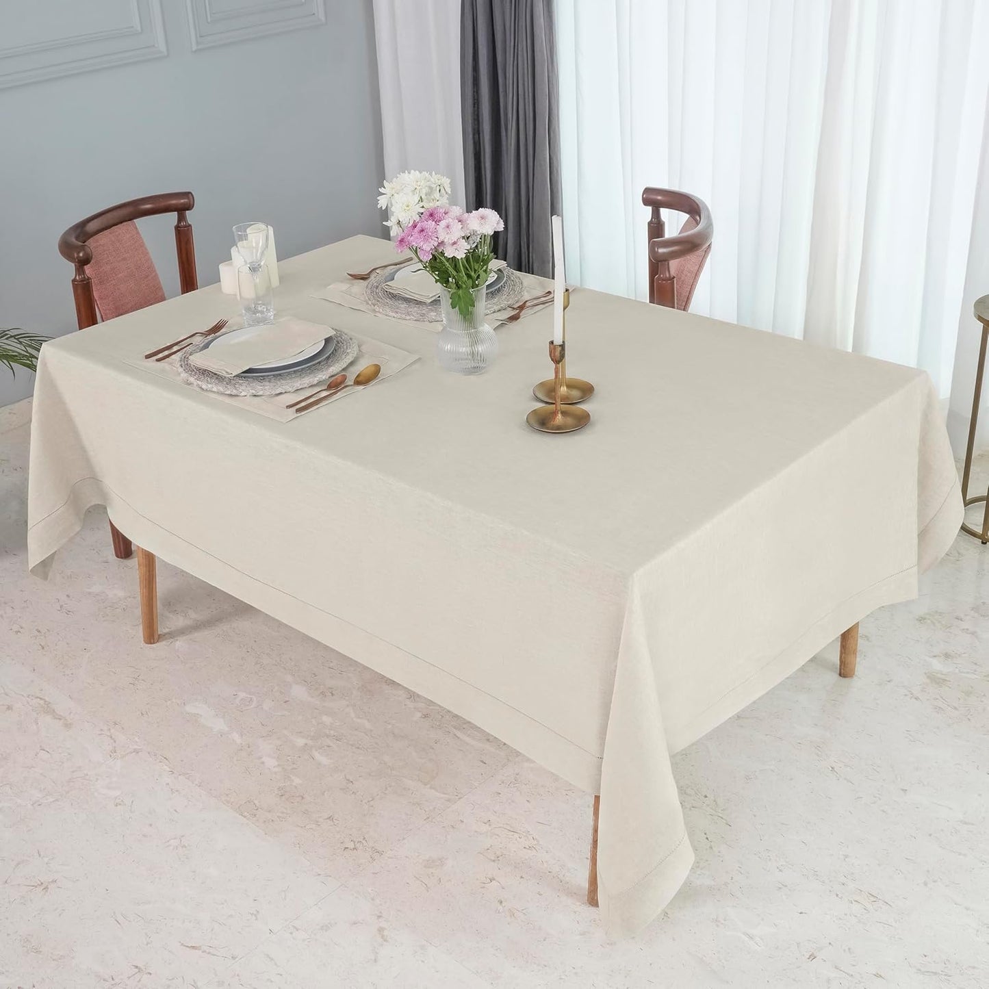 D'Moksha Homes Light Natural Linen Tablecloth for Rectangle Tables 60 x 84 Inch - Classic Hemstitch 100% Pure Linen Natural Table Cloth - Machine Washable Dining Tablecloth for Fall, Autumn, Halloween