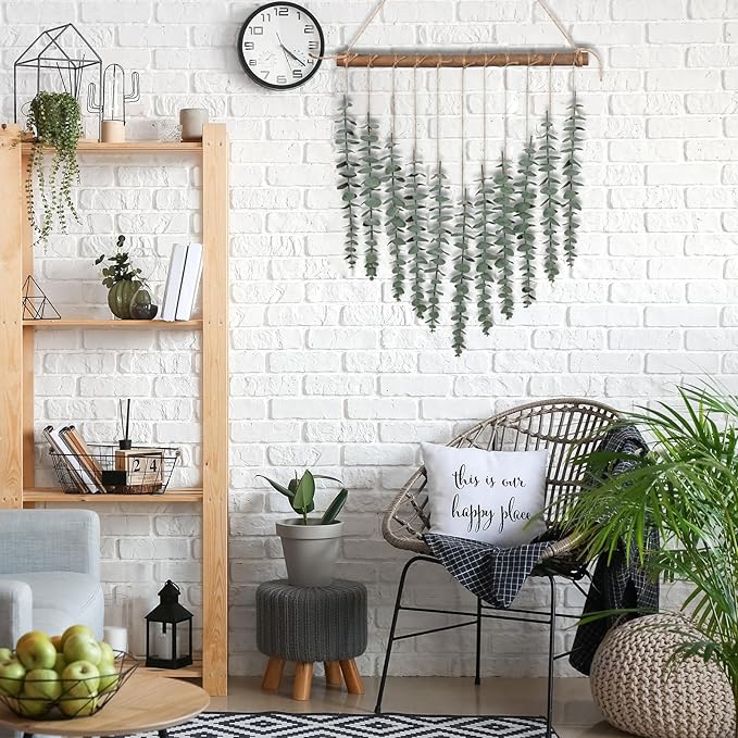 Artificial Hanging Eucalyptus Plant Wall Decor Fake Greenery Leaves Stems on 16.5in Stick Boho Rustic Nature Farmhouse Green Wall Art for Bathroom Bedroom Kitchen Nursery Office