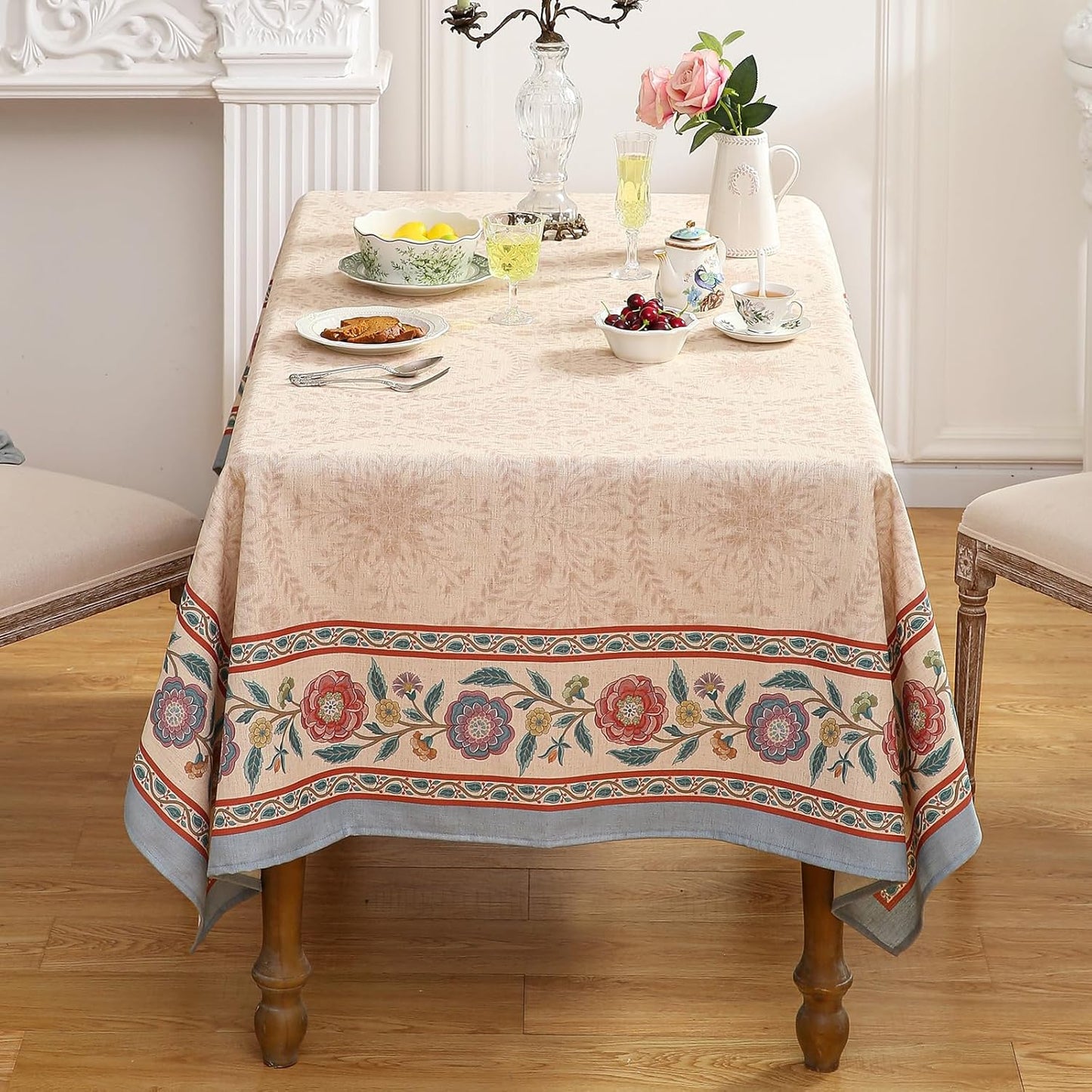 Beige Linen Long Rectangle Tablecloth,Vintage Indian Style Soft and Colorfast Floral Tablecloths,Decor Table Cover for Kitchen,Dining,Thanksgiving,Christmas,63"*94"-Flowershadow E